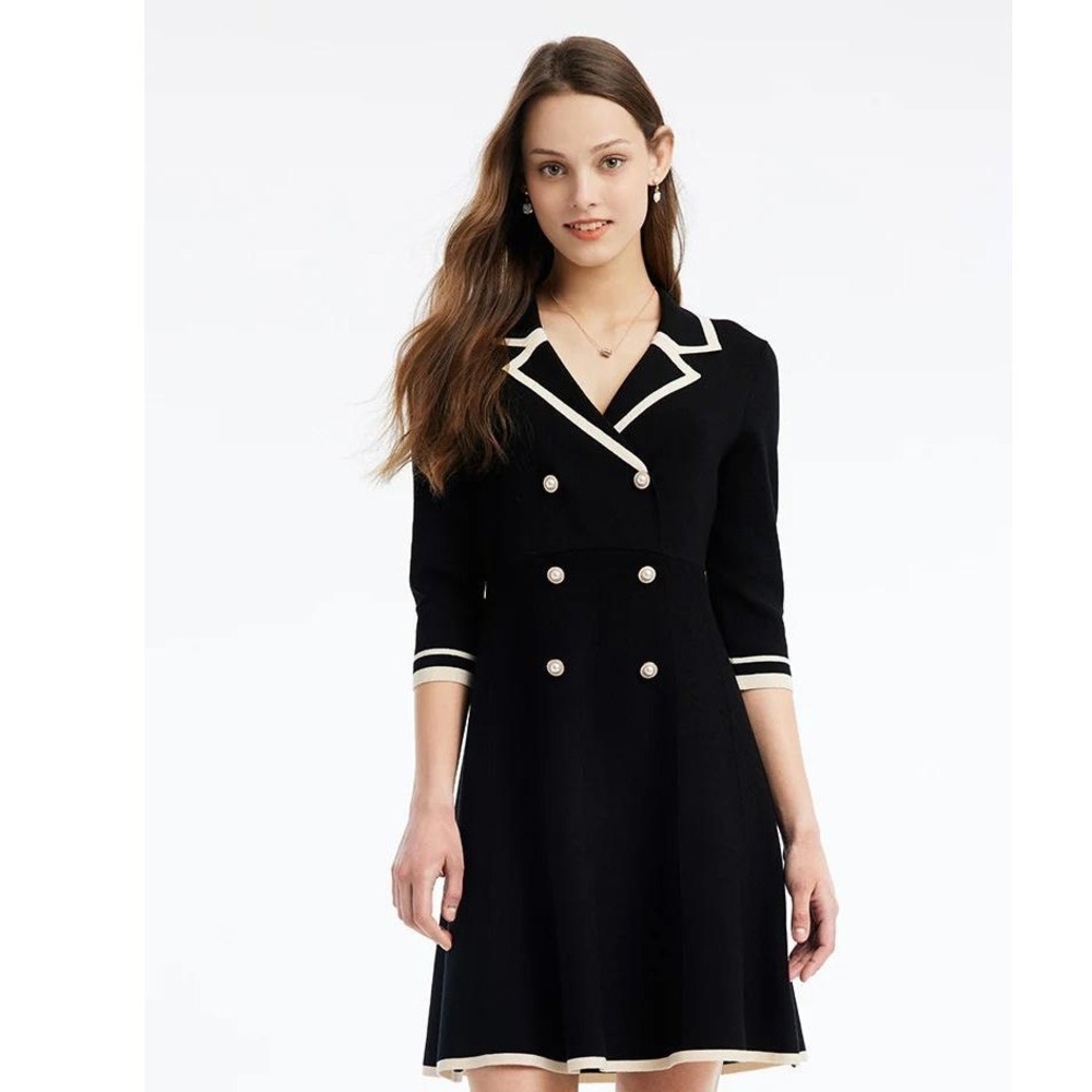 Goelia Pointe Knit Dress Women US S Black Double Breasted Pearl Button Old Money